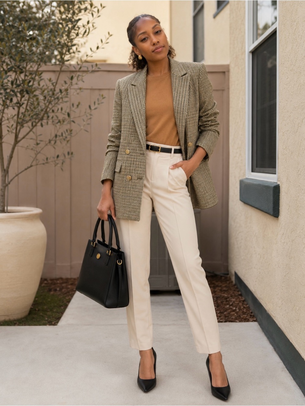 Cider Brown & Cream Houndstooth Double-Breasted Blazer